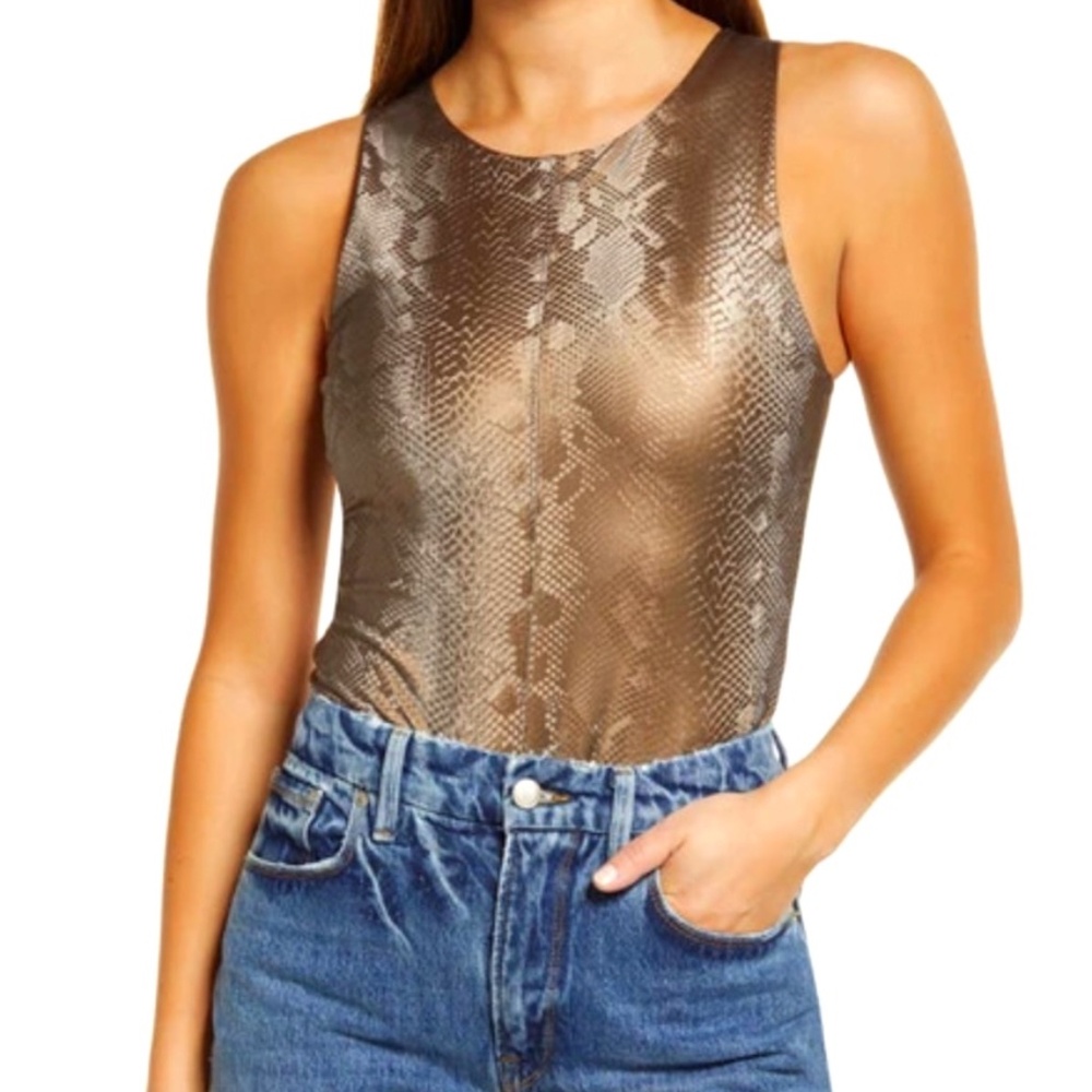 NWT Good American Better Than Leather Metallic Bronze Snakes Bodysuit